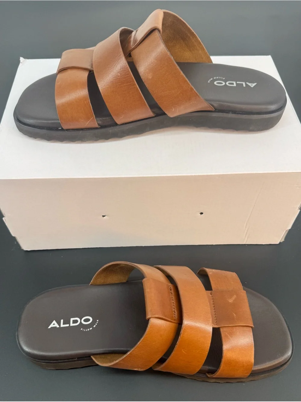 Aldo Men’s Tan Triple-Strap Leather Slide Sandals Size 10